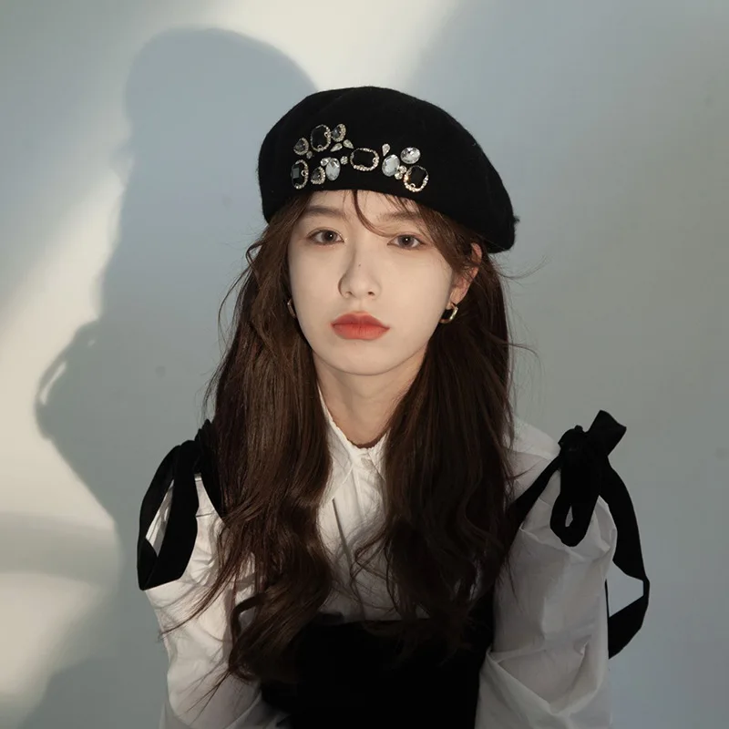 

Rhinestone Beret Women's Autumn and Winter Woolen Big Head Circumference French Hat Black Hat