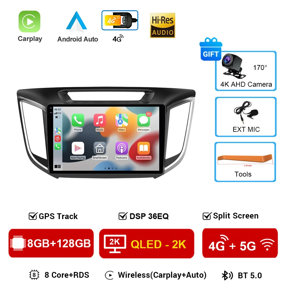 

2Din 4G Android 16 автомобильный стерео радио для Hyundai Creta ix25 2015-2019, мультимедийный видеоплеер, навигационный головное устройство Carplay