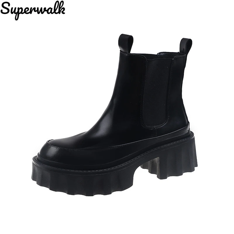 

Женские ботинки челси, сезон осень-зима, женская обувь из искусственной кожи на толстой платформе, женские вязаные однотонные повседневные ...