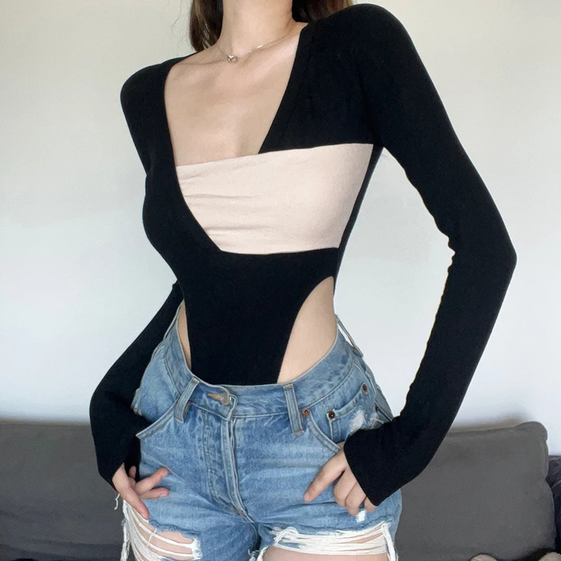 

Women Overall Slim Sexy Contrast Color Long Sleeve V-neck Midriff Costume Women T-shirt Bodysuits Girl Shorts Jumpsuit Rompers