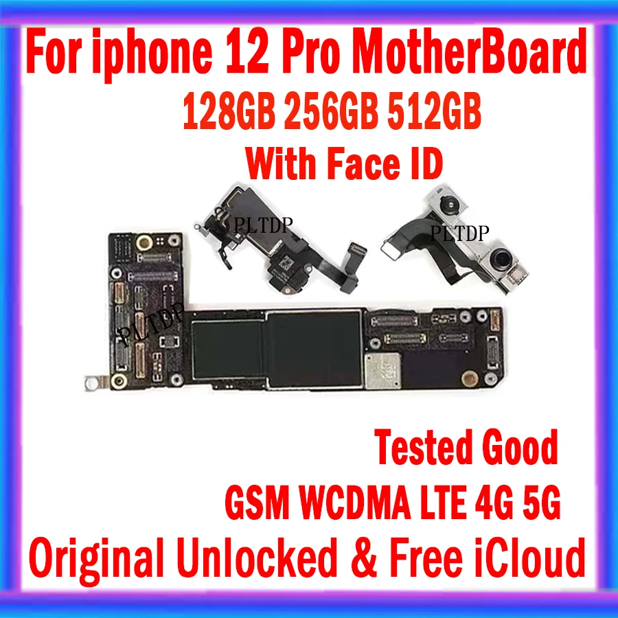 

100% Original Unlocked For iphone 12 Pro Motherboard With/No Face ID 128GB 256GB 512GB Logic Boards Free iCloud Tested Mainboard