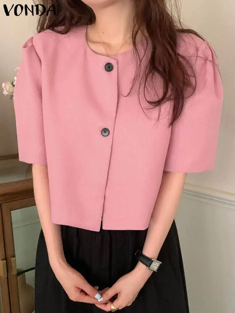 

VONDA Women Tops Casual Summer Shirts 2023 Short Sleeve Blouses Buttons Round Neck Solid Color Tunic Fashion Blusas Femininas