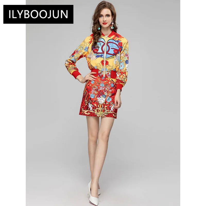 

2023 Luxury Brand High Quality Autumn Set Women O-Neck Lantern Sleeve Jacket + Crystal Mini Skirt Vintage Print Two-Piece Suit