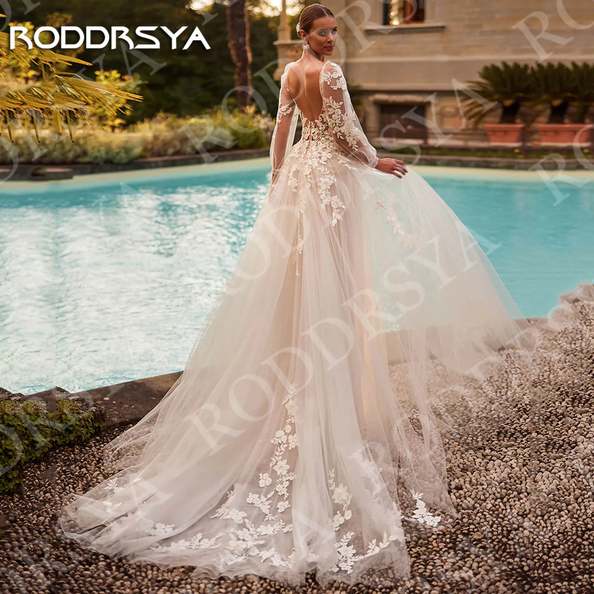 Фото Свадебные платья RODDRSYA А-силуэта с длинным рукавом Кружевная аппликация романтичное платье из фатина с V-образным вырезом индивидуальное женское платье A Line Свадебное платье с длинными рукавами кружевные наклейки №2