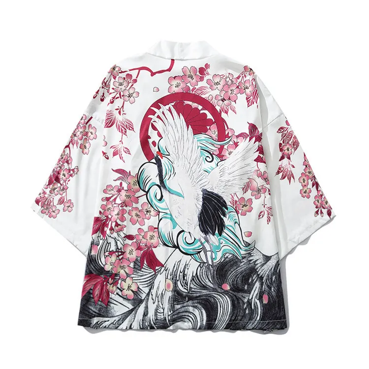 3XL Couple Print 2PCS Robe Pajamas Sets 3/4 Sleeve Chinese Cardigan Pyjamas Pant Crane Rayon Hanfu Casual Home Clothes