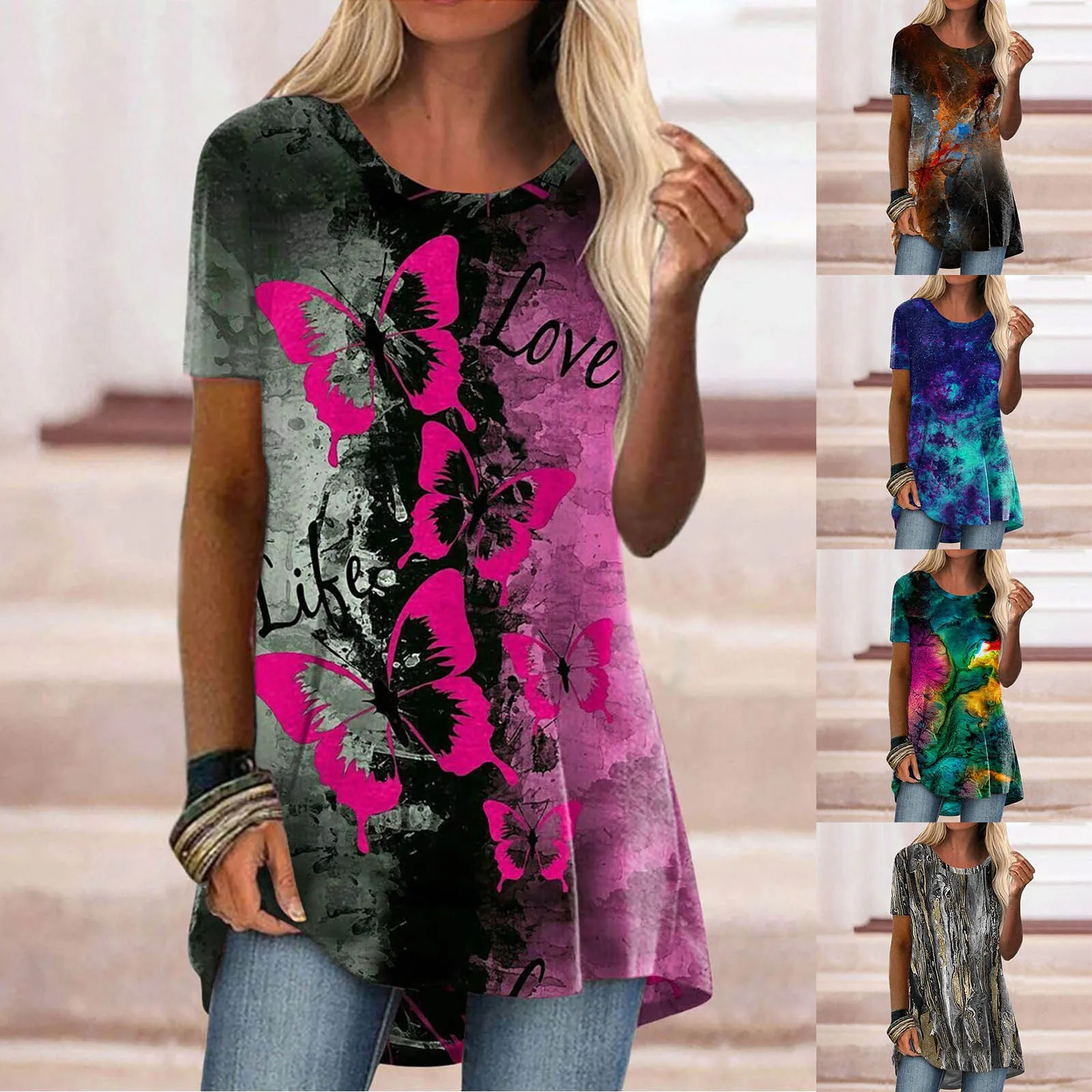 

Women's Casual T-shirt Round Collar Ethnic Elegant Print Short Sleeve Tops Blouse Srtreetwear Camisetas Y2k Clothes