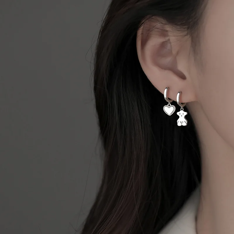 

925 Sterling Silver Jewelry with Bear and Heart Earrings Asymmetric Earrings Summer Earrings Jewelry for Women