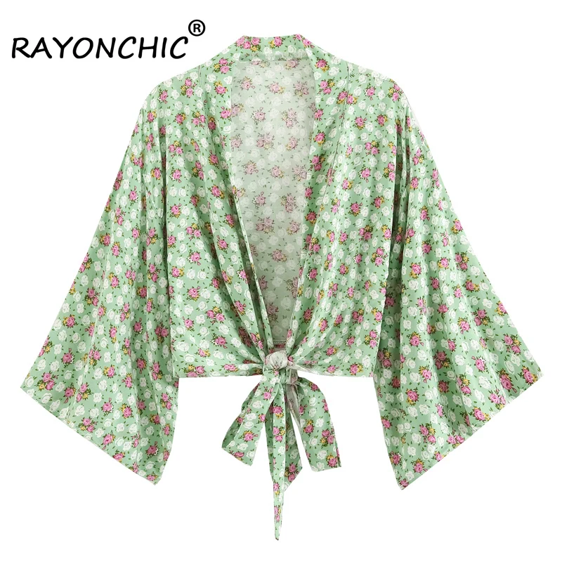 

RAYONCHIC Green Floral Print Short Robe Batwing Sleeve Summer Beachwear Bikini Cover Ups Wrap Blusas Kimono Bathing Suit Women