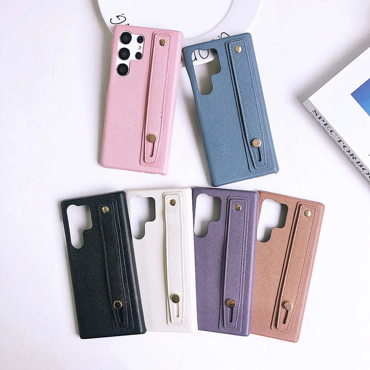 

High Quality Luxury Leather Hard Back Covers For Samsung Galaxy S23 Ultra Shockproof Bumper With Wrist Strap Holder Phone Case