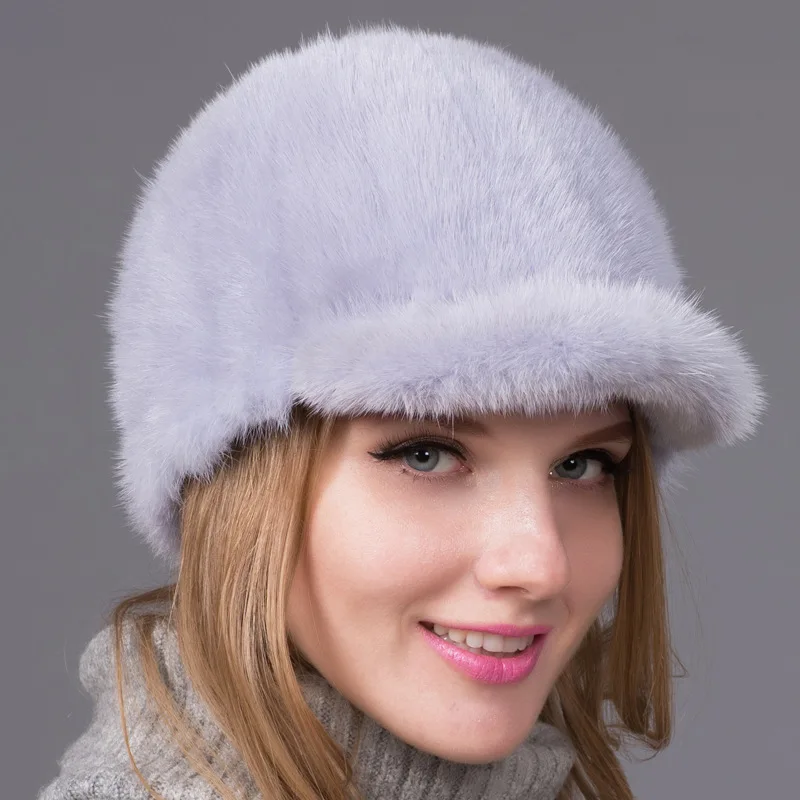 

2021 Winter New High-quality Real Spell Mink Fur Grass Hat Fashion Versatile Duck Tongue Knight Hat Knitted Female Windproof Cap