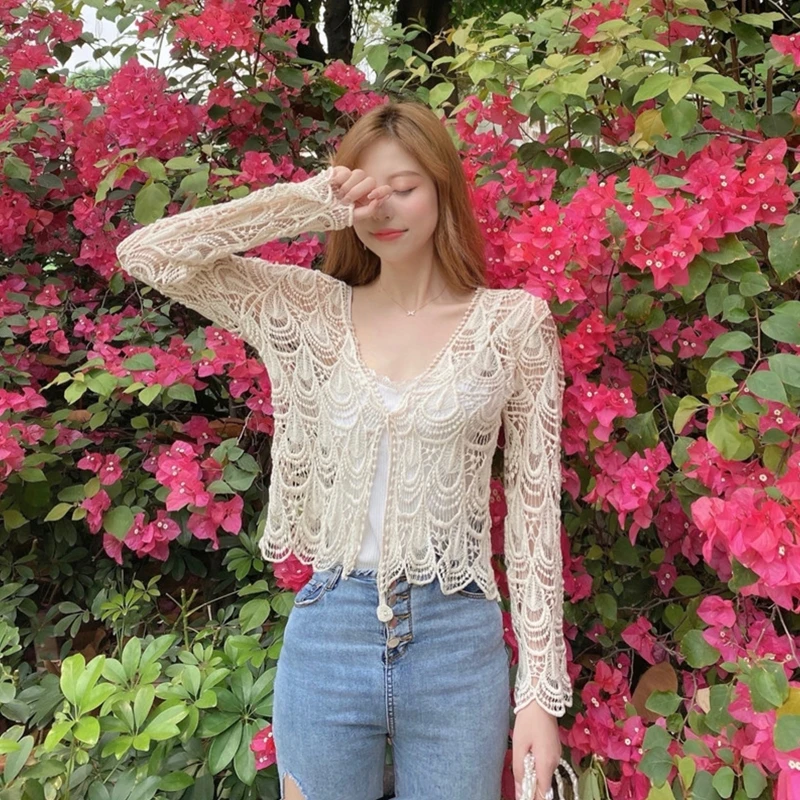

Women Retro Lace Flare Long Sleeve Cropped Cardigan Lace-Up Open Front Hollow Out Crochet Feather Mesh Jacket Thin Lightweight