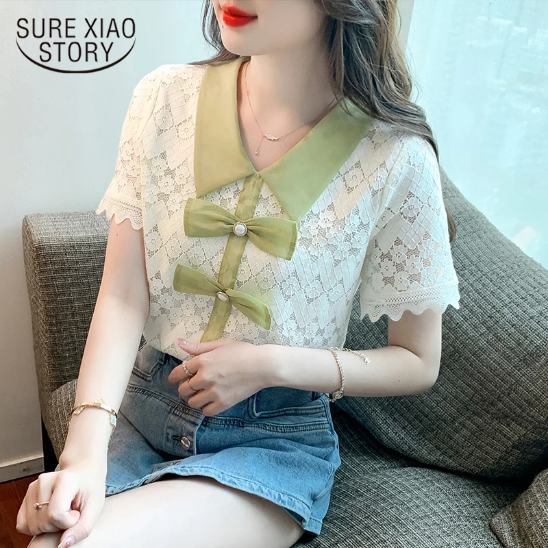 

New Office Lady Casual Short Sleeve Women's Shirts Elegant Summer High Quality Lace Blouse Women Floral Female Clothing 22154