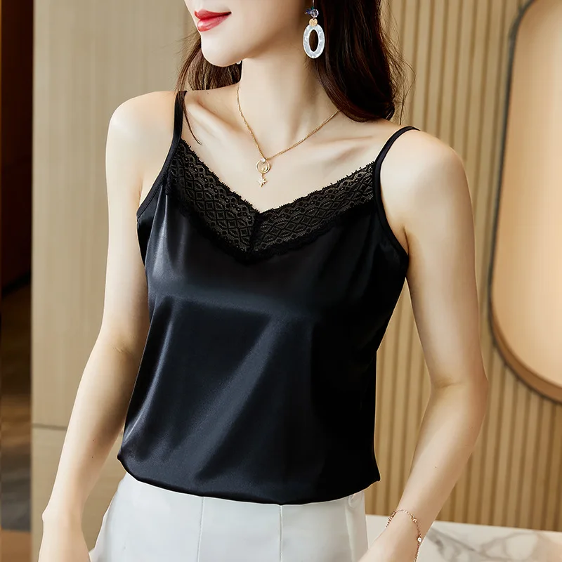 

2022 New Spring Lace Camisole Large Size Women V Neck High Quality Satin Camis Spaghetti Strap Adjust Leeveless Silk Tank Tops