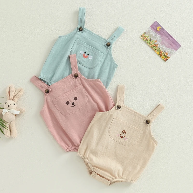 

2023-05-05 Lioraitiin 0-18M Infant Baby Boy Girl Bodysuit Sleeveless Embroidery Summer Overalls with Pocket Jumpsuit