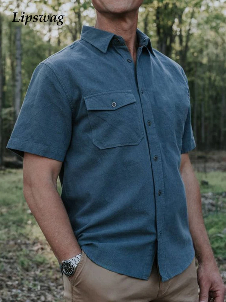 

Casual Solid Turn-down Collar Tops Men Vintage Buttoned Cardigan Fashion Streetwear 2022 Spring Summer Mens Short Sleeve Shirt