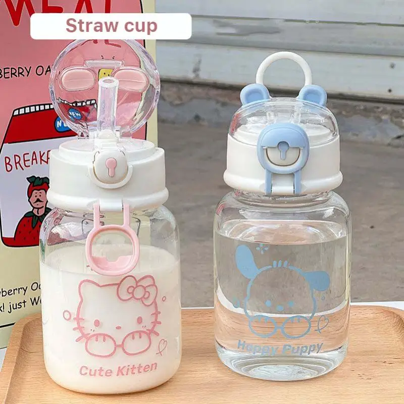 

Милая чашка Sanrio полачко Hellokitty Kuromi Purin, стеклянная чашка с соломинкой, портативная Студенческая чашка для воды, прямая чашка для питья