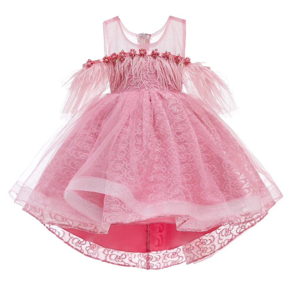 

Trailing Party Bridesmaid Dresses For Girls One Shoulder Feather Children Birthday Princess Prom Gown Elegant Girl Wedding Dress