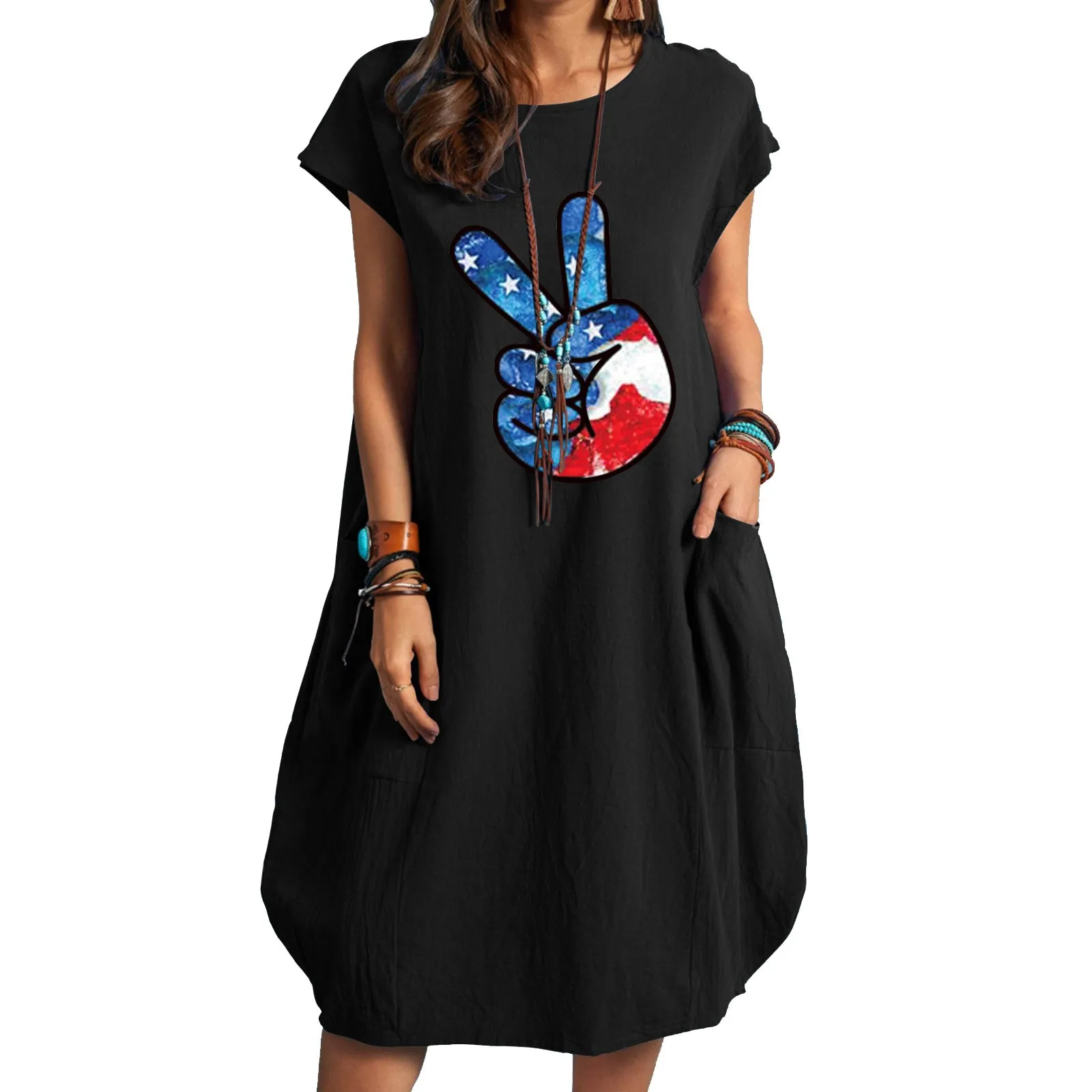 

Womens Dress Ruffles Lady American Flag Printed Printed Loose Short Sleeve Dress For Women Summer Blue Checkered Dress for Women