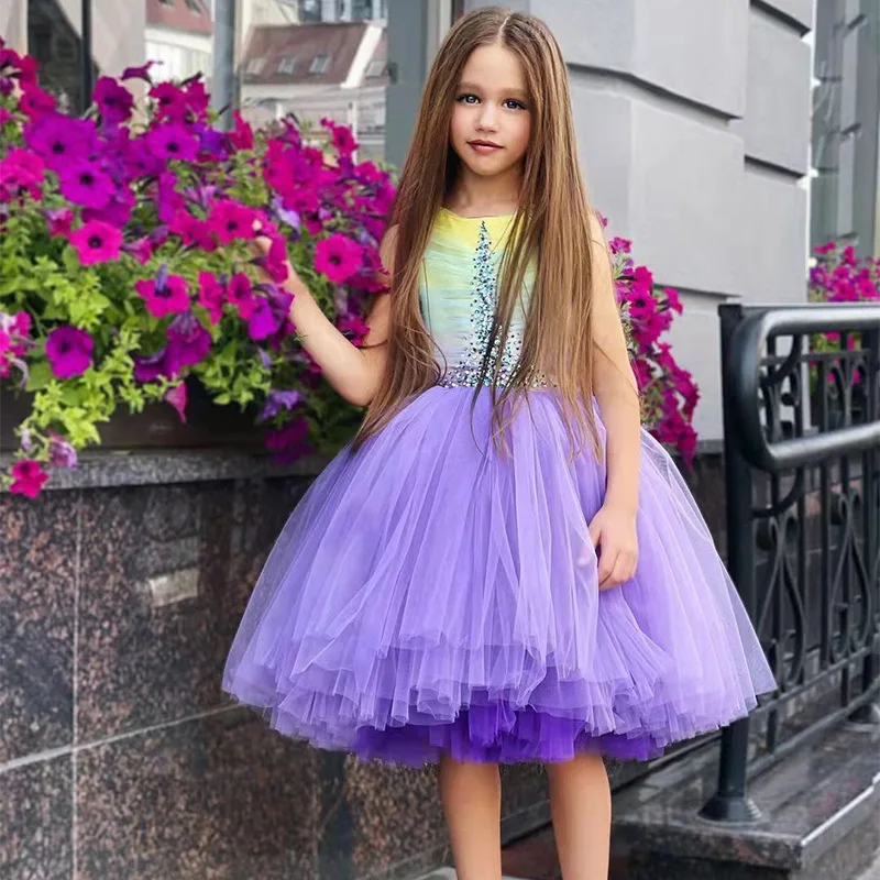 

Flower Girl Gradient Dress Children Vintage Rhinestones Dresses For Evening Party Ball Gown Kids Lace Bridesmade Prom Robe