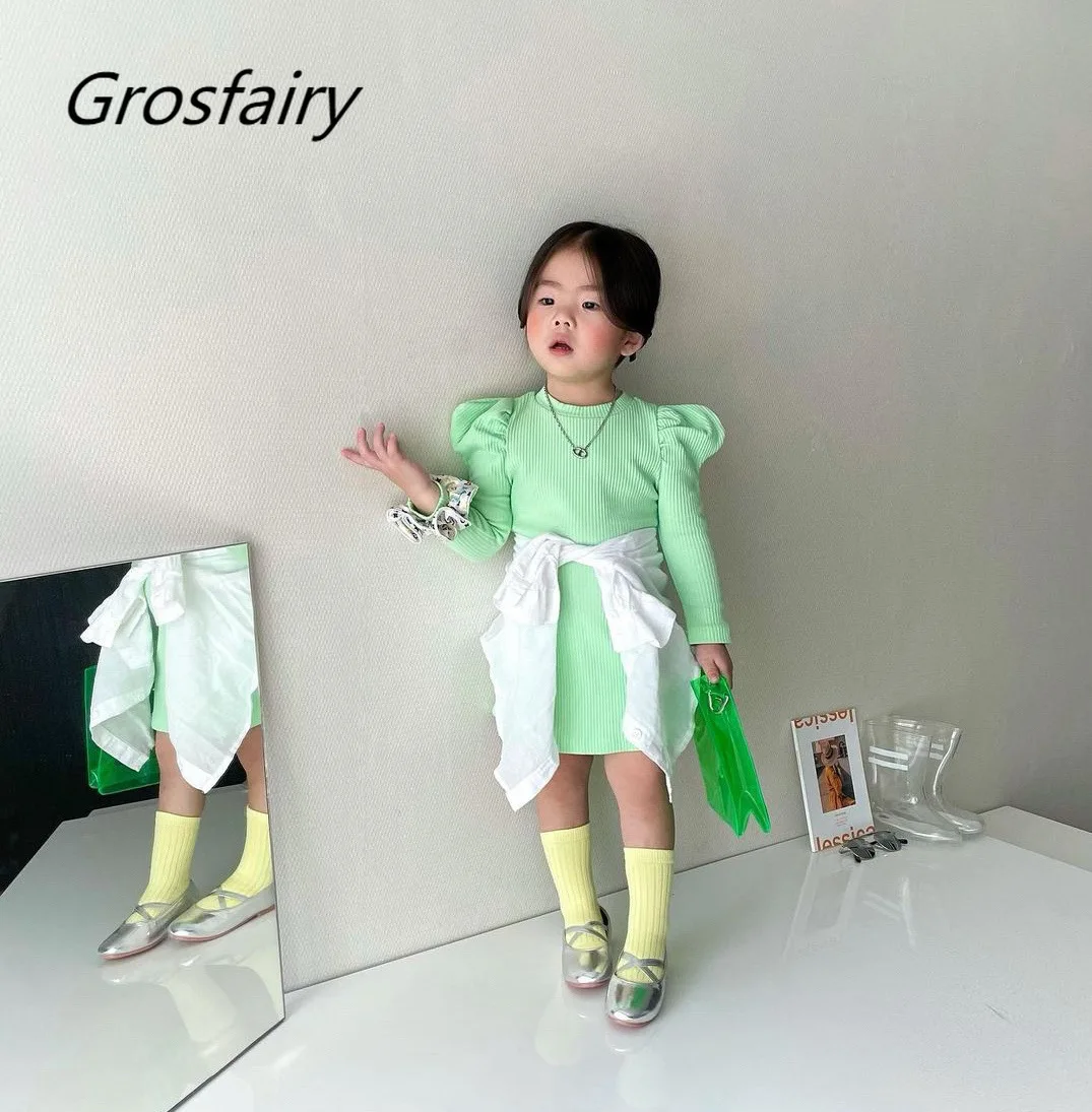 

2022 Spring Autumn Girls Fashion Puffy Sleeve Dress Two Colors