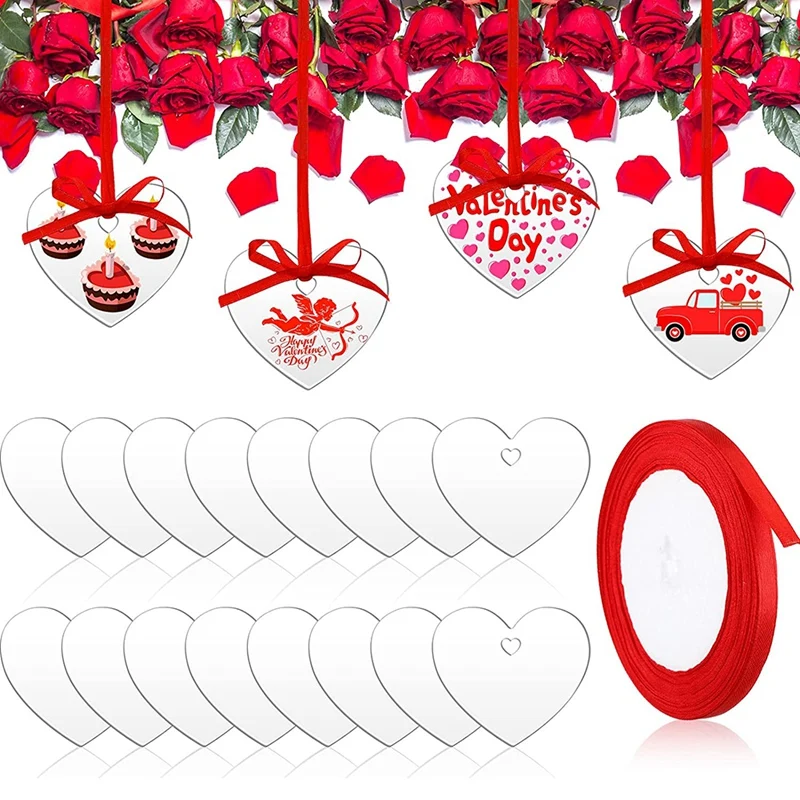 

Акриловое украшение в виде сердца на День святого Валентина, 60 шт., с красной лентой, акриловое украшение с отверстием для рукоделия