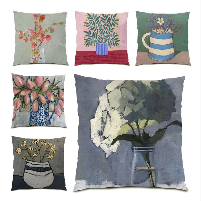 

Holiday Gift Home Decoration Car Pillow Painting Decorative Cushion Cover Luxury Polyester Linen Sofas for Living Room Art E0482