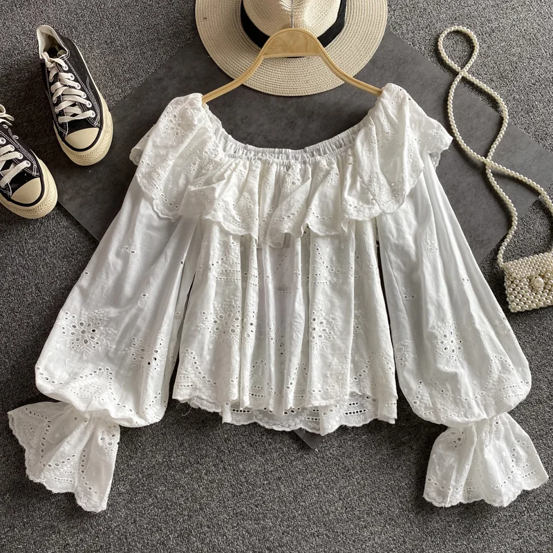 

Женская блузка с длинным рукавом, Повседневная белая блузка с пышными оборками и воротником-стойкой, корейский стиль, лето-осень 2021