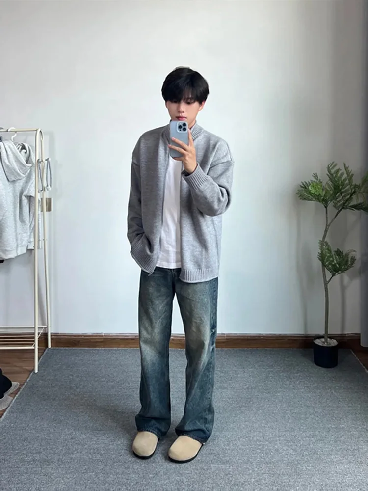 Double Zipper Cardigan sweater Men's Winter coat Original Lazy Japan fashion Retro Loose Casual Knitted Sweater