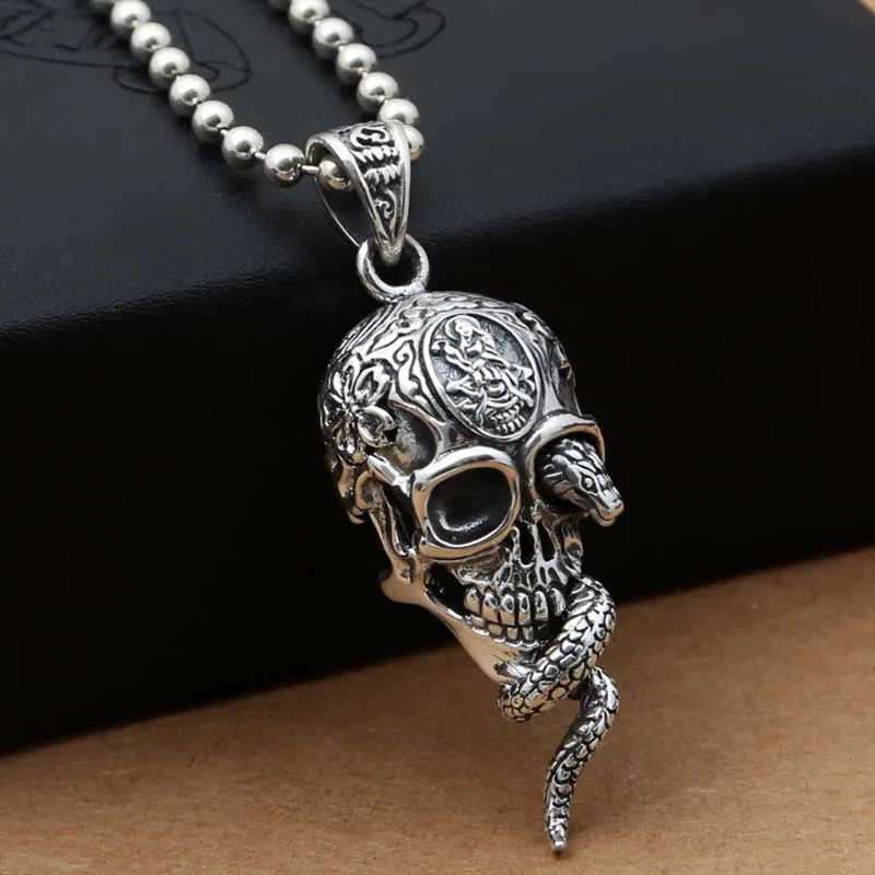 

925 Sterling Silver Vintage Skull Head Snake Charm Pendants Necklace Tibetan Silver Skeleton Jewelry Pendants Fine Jewelry