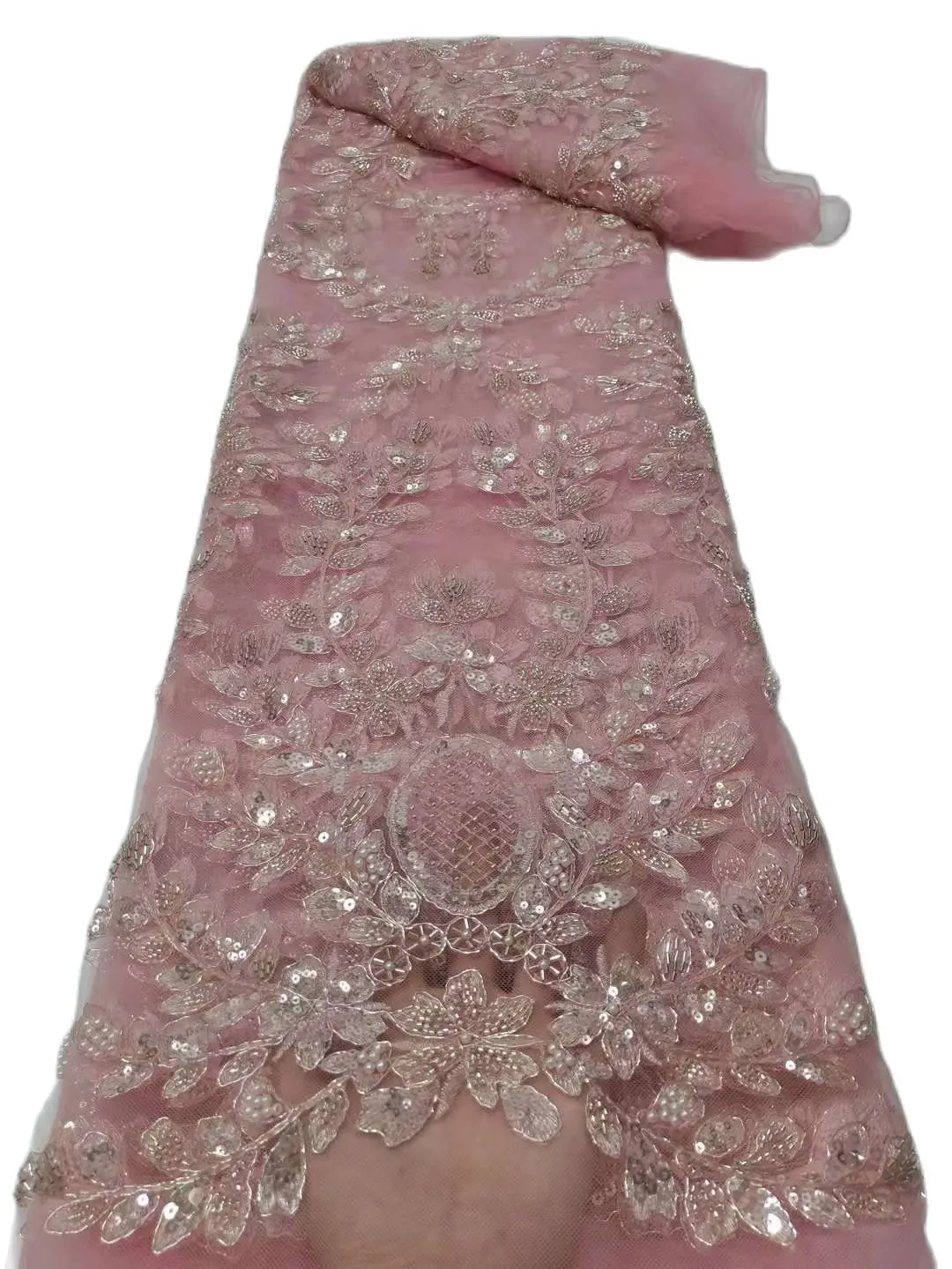 

New Design Top Selling Embroidered Lace Fabric JRB-15.62302 with Sequins Beads for Bridal Dress Nigerian French Net Lace