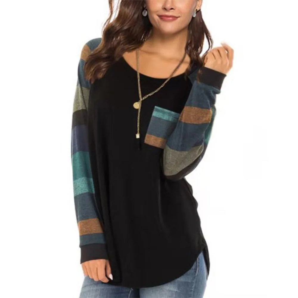 Women's Color Block Long Sleeve Pullover Blouse Round Neck Loose Sweatshirt with Pocket