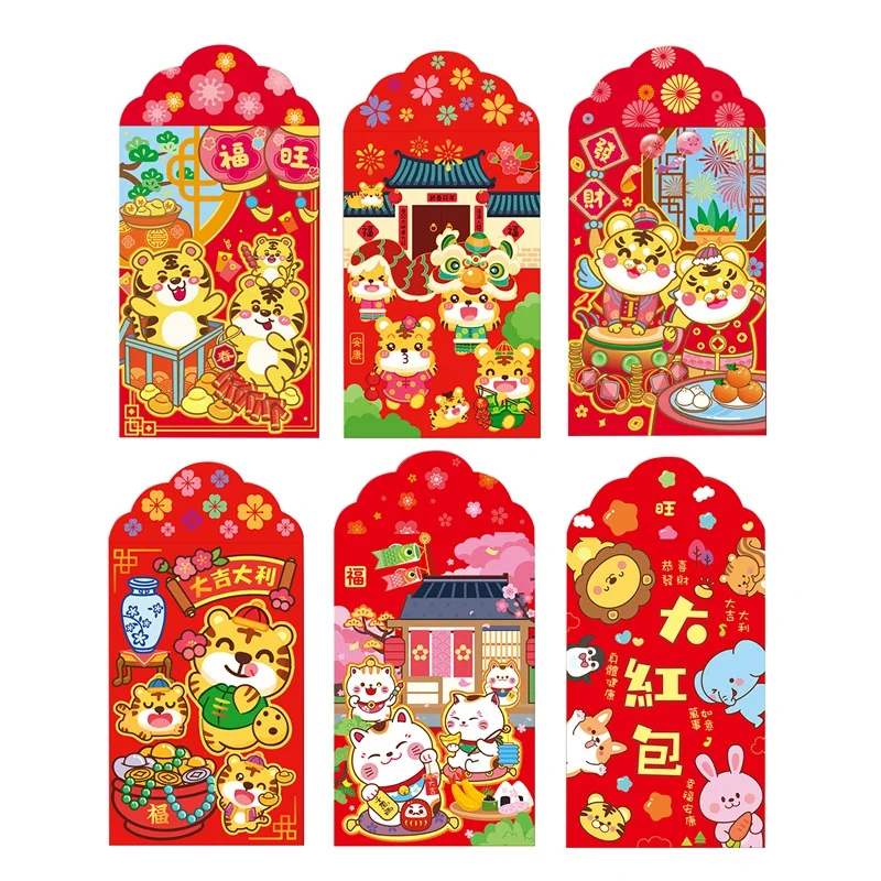 

12 шт., китайские красные конверты, счастливые денежные пакеты Hong Bao в год Тигра для весеннего фестиваля, товары для дня рождения