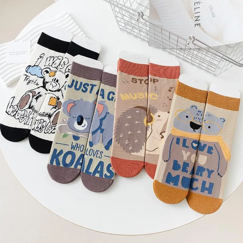 New Women's Harajuku Asymmetrical AB Socks Cartoon Koala Bear Hedgehog