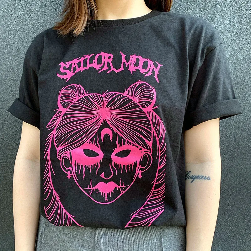 

Harajuku Devil Girl Printing Gothic T shirts For Women Street Style Loose Cotton Cool Shirts Summer Short Sleeve Y2K Grunge Tees