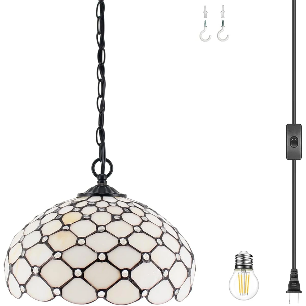 

WERFACTORY Tiffany Pendant Light Plug In Cream Amber Bead Stained Glass 12 Inch Hanging Lamp