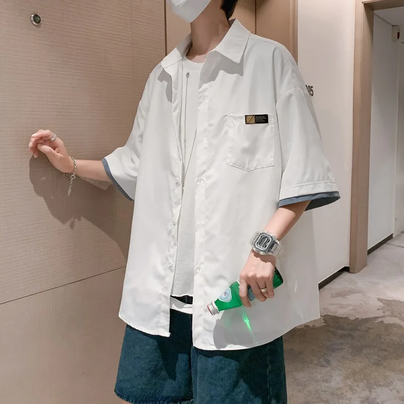Streetwear Shirt Men Solid  Short Sleeve Shirts Loose Summer Fashion Casual Korean Shirt Mens Tops Clothes 2022 E23