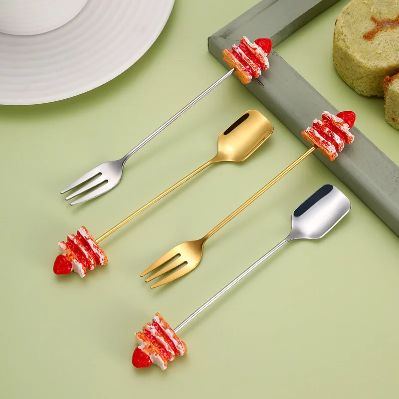 

Ложка из нержавеющей стали с круглой ручкой, креативная вилка для торта с мультяшным рисунком, аксессуары для фруктов