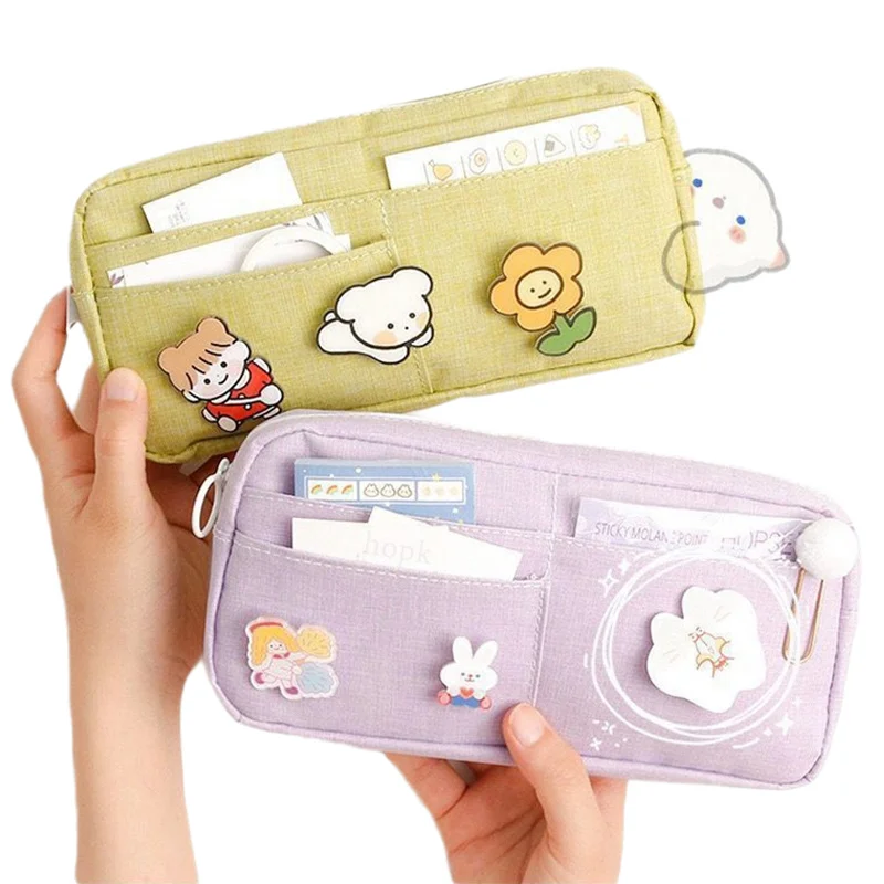

Kawaii Purple Canvas Pencil Case Cute Animal Badge Pink Pencilcases Large School Pencil Bags For Maiden Girl Stationery Supplies