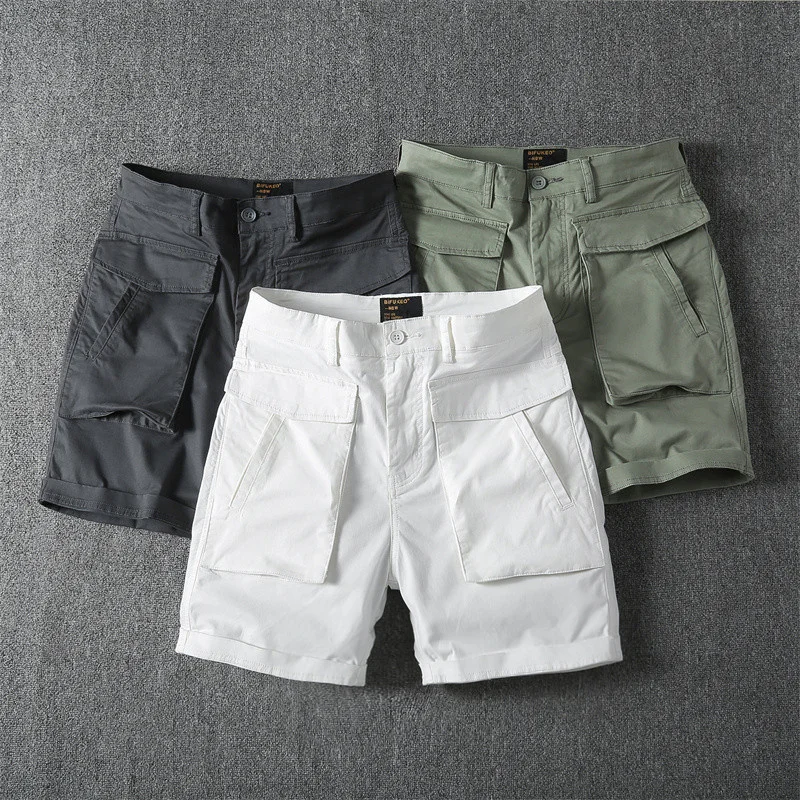 Men's Summer Multi Pockets Casual Shorts Solid Color Cargo Shorts Fashion Loose Knee Length Overall Shorts Cotton Beach Shorts