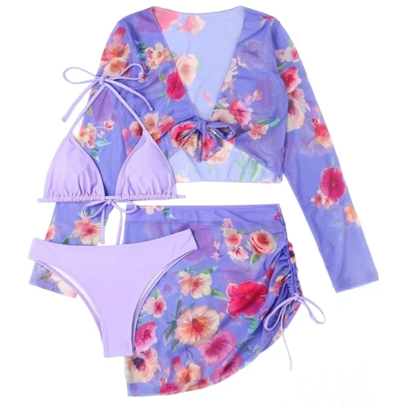 

Womens Floral Print Bathing Suit 4 Pieces Swimsuit Halter Bikinis Set Beachwear