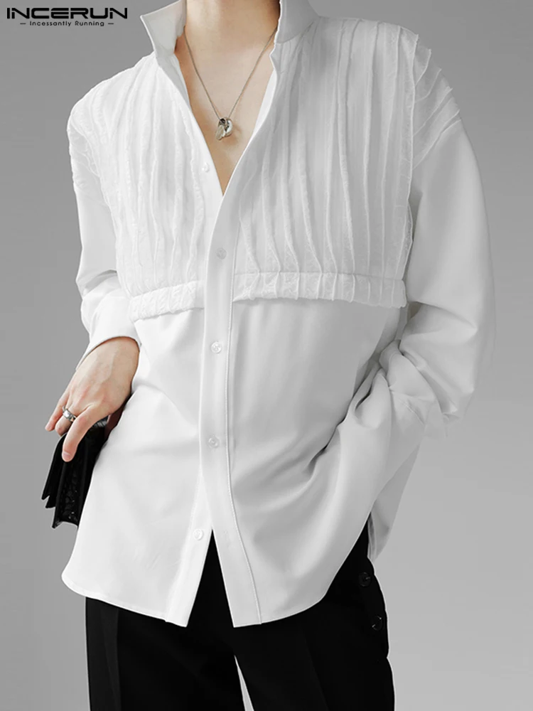 

Fashion Casual Style Tops INCERUN Handsome New Men Solid Button Blouse Stylish Hot Sale Stitching Long Sleeve Lapel Shirts S-5XL