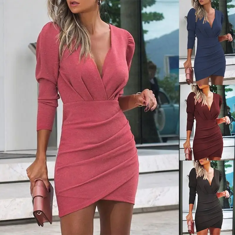 

Sexy Plunge Ruched Long Sleeve Bodycon Dress Women V Neck Surplice Wrap Slim Mini Party Dresses