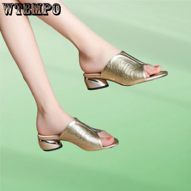 WTEMPO Soft Leather Slippers Comfortable Thick Heels Female High-heeled Sandals Summer Open-toe Antiskid Shoes Dropshipping