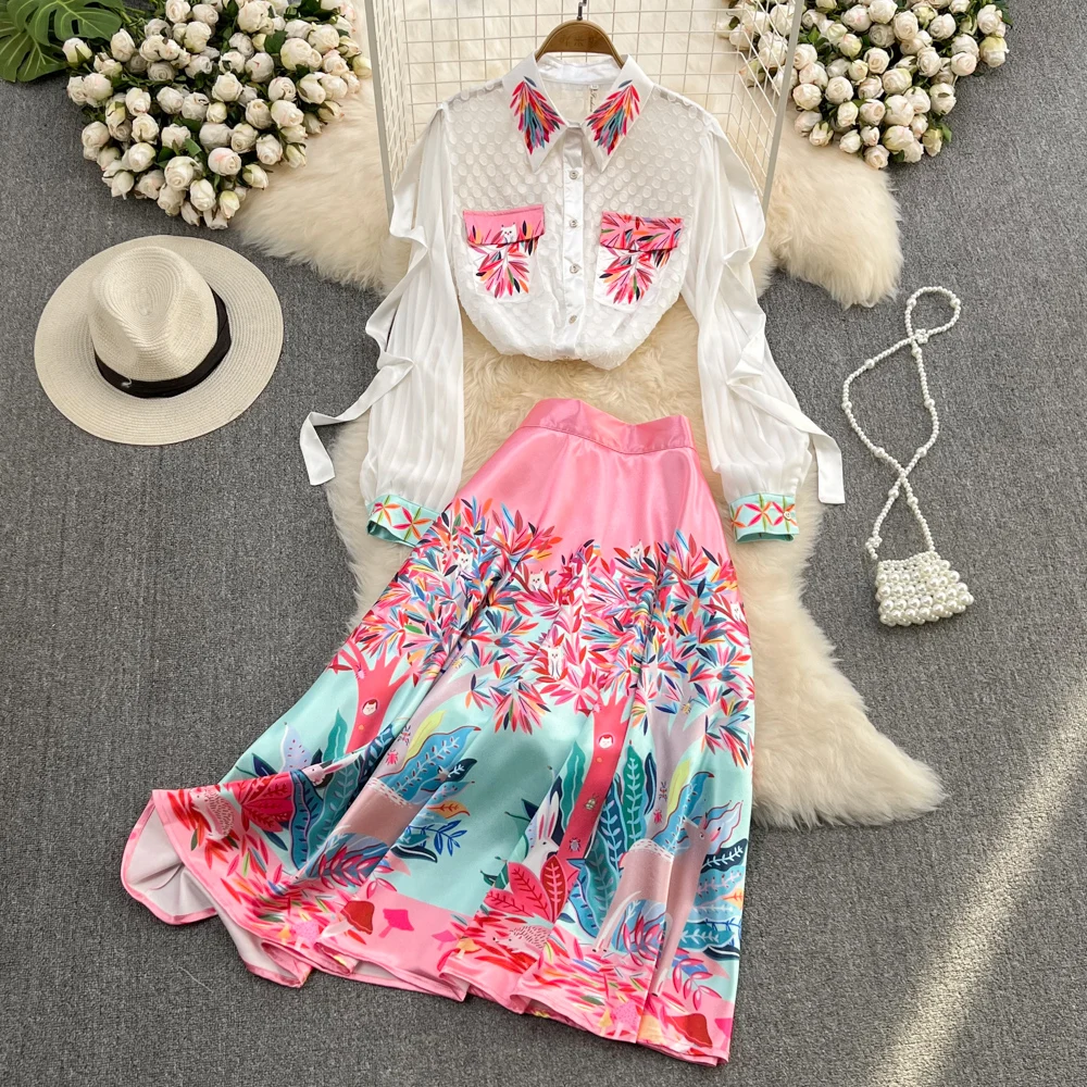 

Fashion Suit Women's Spring And Summer New High-end Light Luxury Flounce Lapel Chiffon Shirt High Waist Skirt 2-piece Set