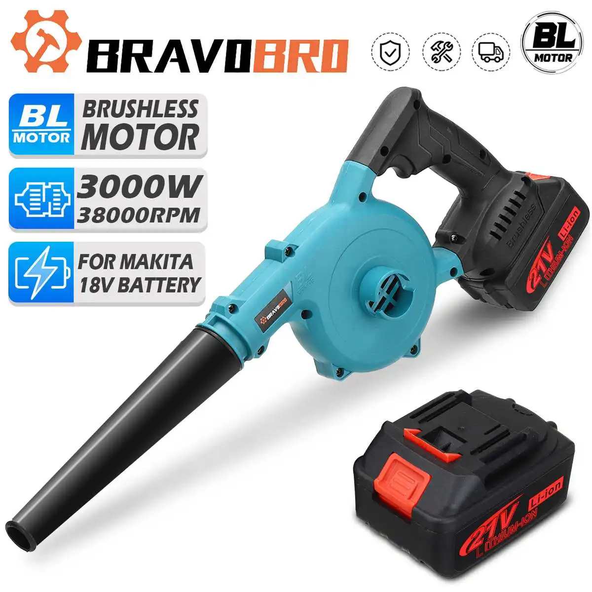 

21V 2 In 1 Brushless Cordless Blower 3000W Vacuum Clean Air Blower Dust Blowing Dust Computer Collector For Makita 18V Battery