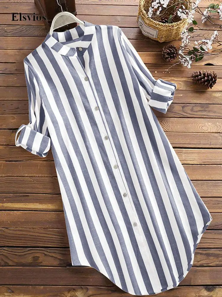 

Casual Adjust Long Sleeve Shirt Blouse Fashion Striped Print Loose Tops Blusa Vintage Women Cotton Linen Blouses 2022 Streetwear