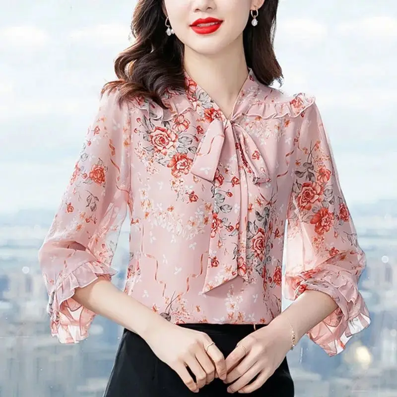 

Chiffon Floral Print Blouse Women Office Long Sleeve Top Spring Autumn Korean Pink Tops Bow Tie Collar Blouses Shirts 2022