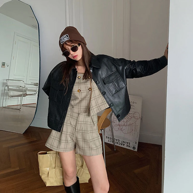 Женская однобортная куртка из овечьей кожи повседневная облегающая короткая с