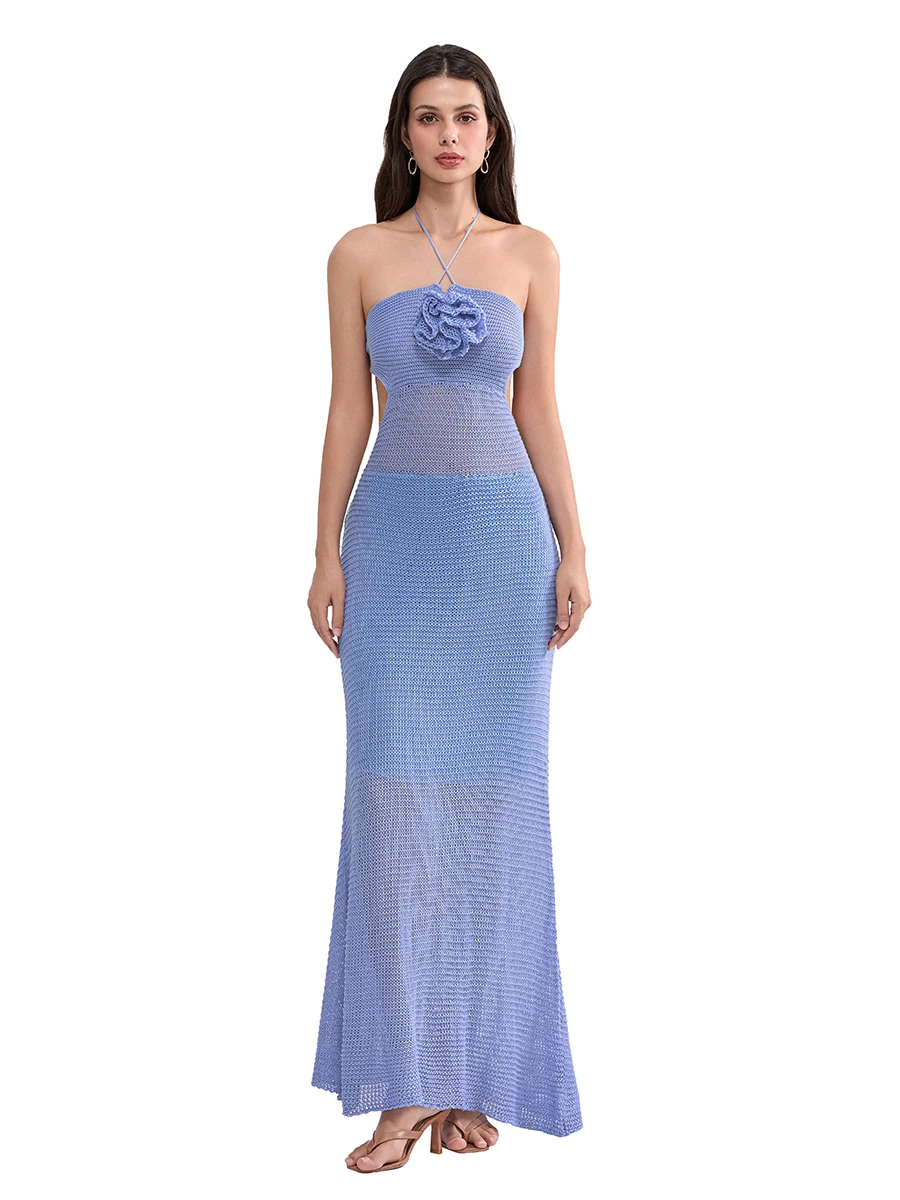 Women s Knitted Halter Dress Fit Hollowed Cutout Sleeveless See Through 3D Flower Solid Color Long for Party Club