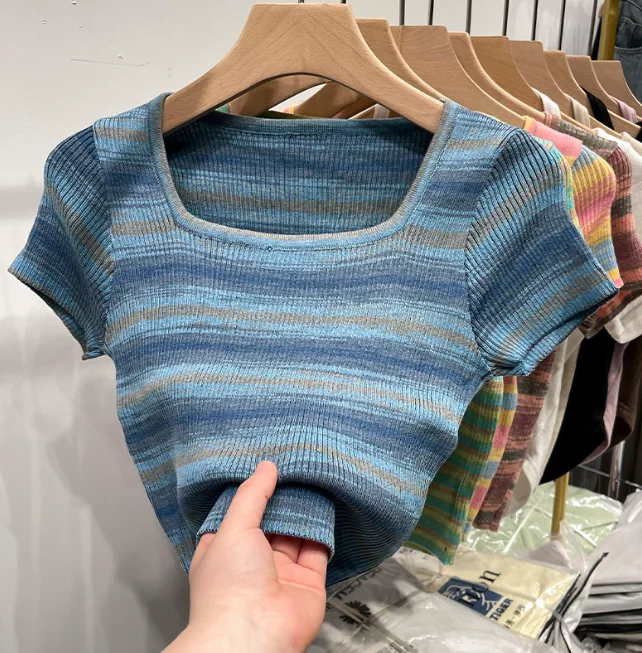 

Striped square neck short sleeved top